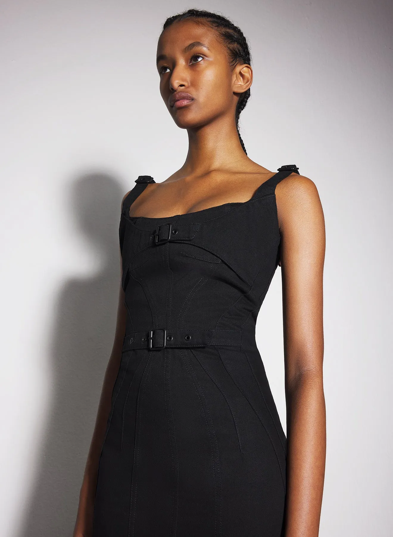 black buckled denim dress