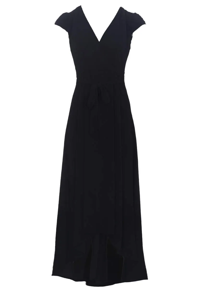 Black Capped Sleeve Waterfall Dress