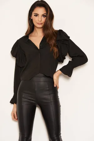 Black Cropped Frill Sleeve Shirt