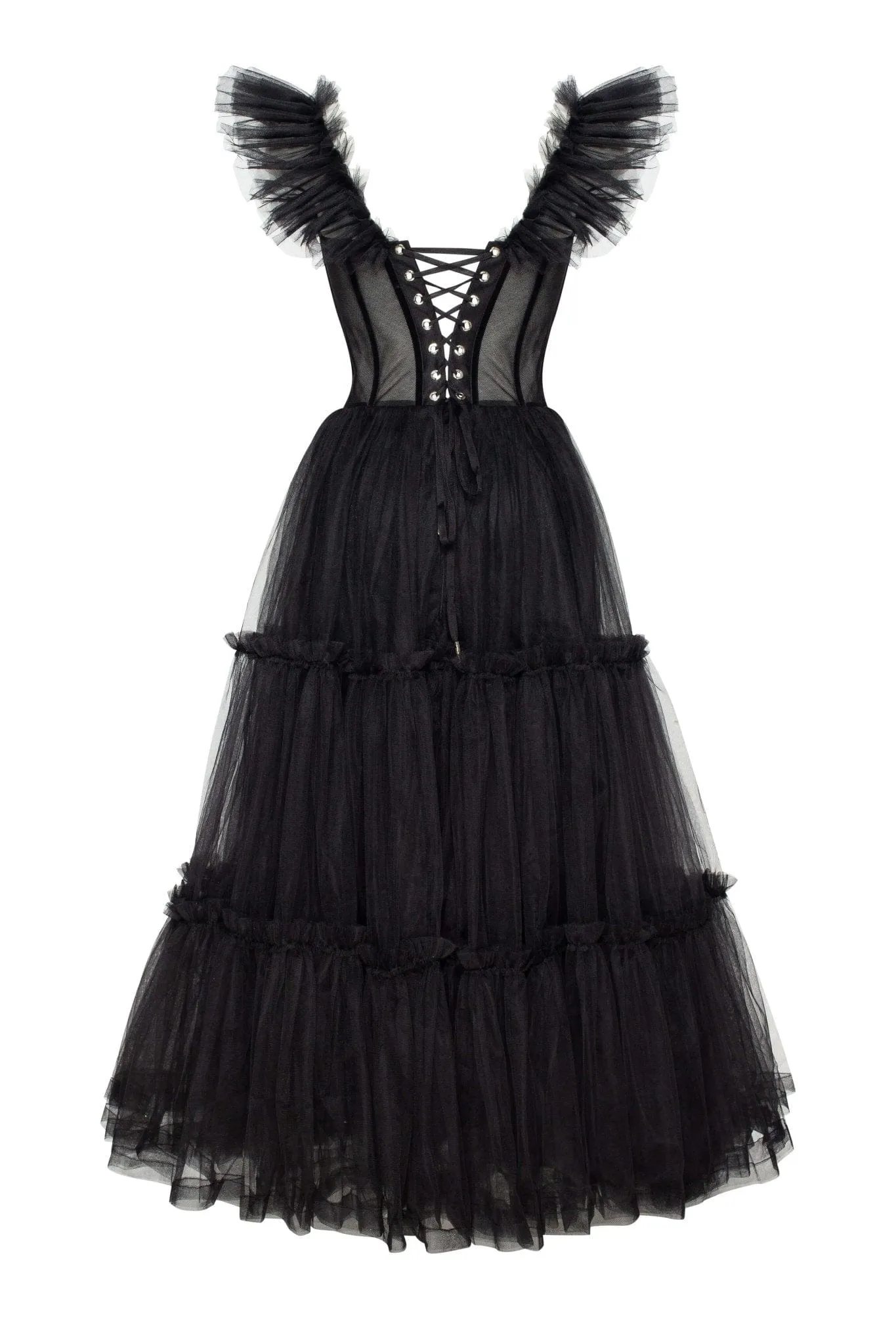 Black Ruffled Tulle Midi Dress