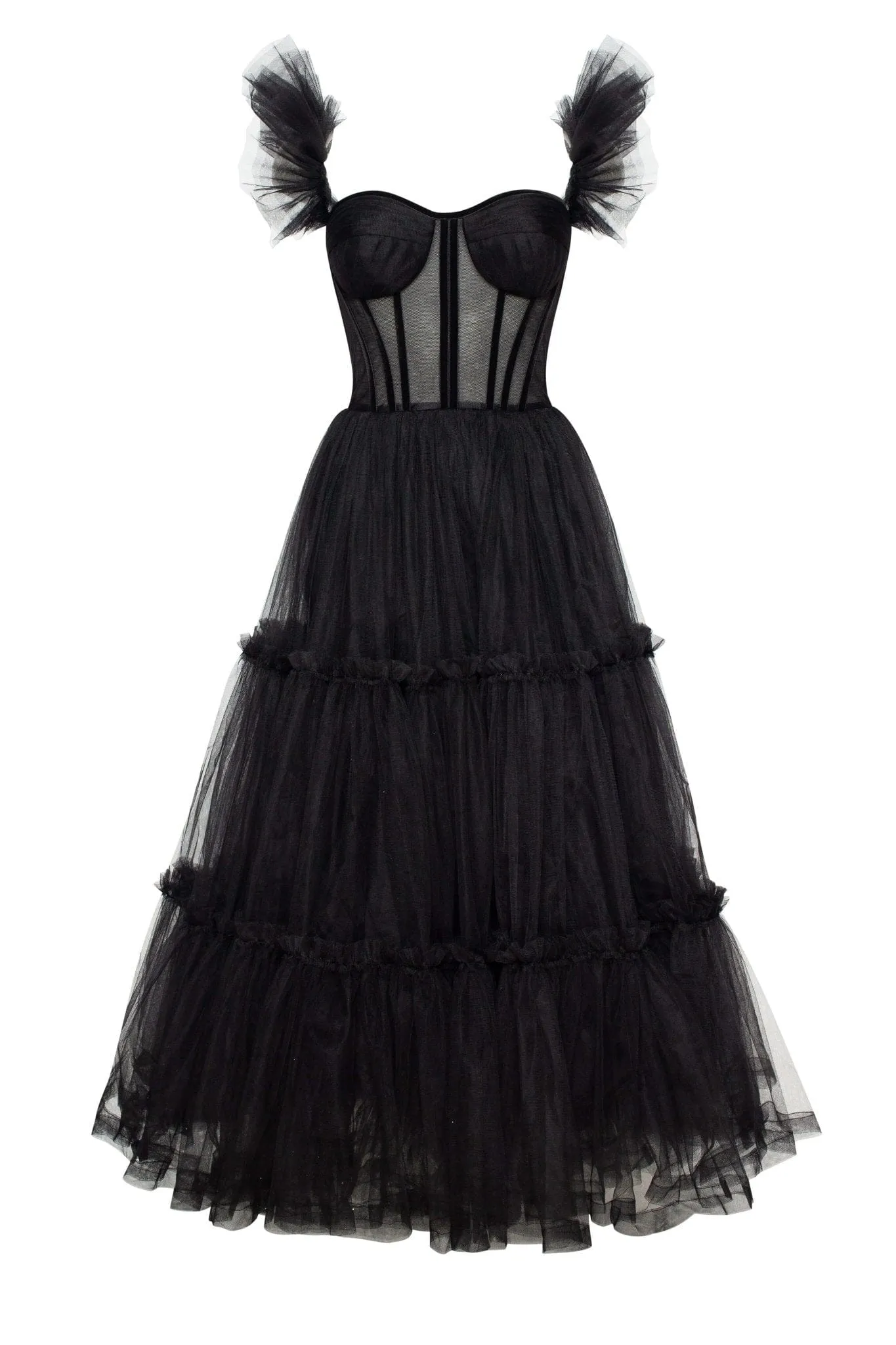 Black Ruffled Tulle Midi Dress