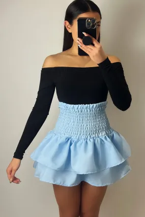 Cece Blue Shirred Waist Ruffle Hem Mini Skirt