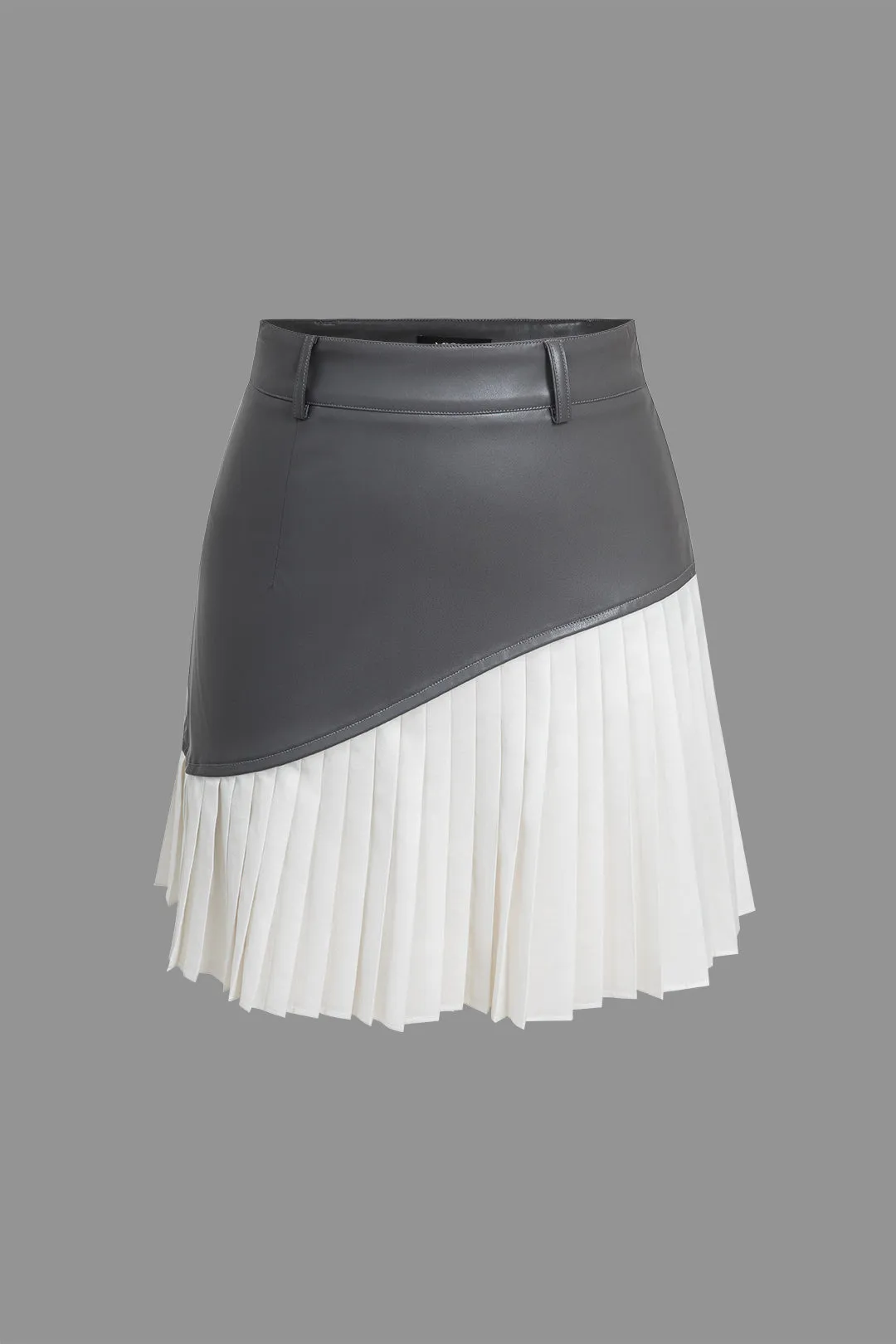 Color Block PU Pleated Asymmetrical Skirt