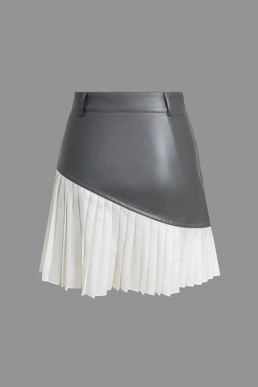 Color Block PU Pleated Asymmetrical Skirt