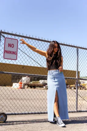 Don’t Kill My Vibe Criss Cross Denim Maxi Skirt