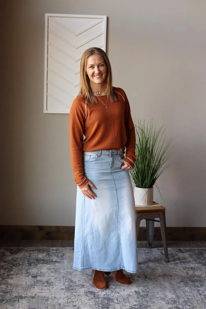 Grace Light Wash Long Denim Skirt