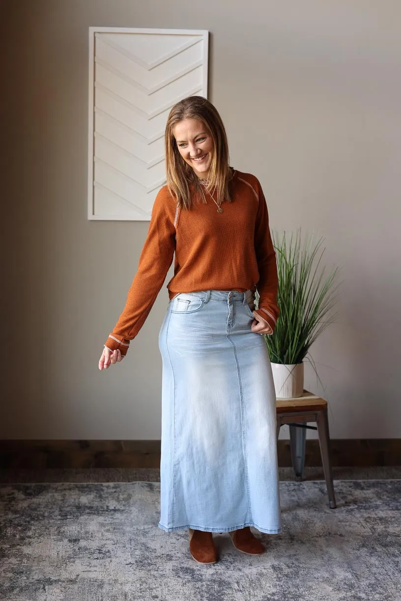 Grace Light Wash Long Denim Skirt