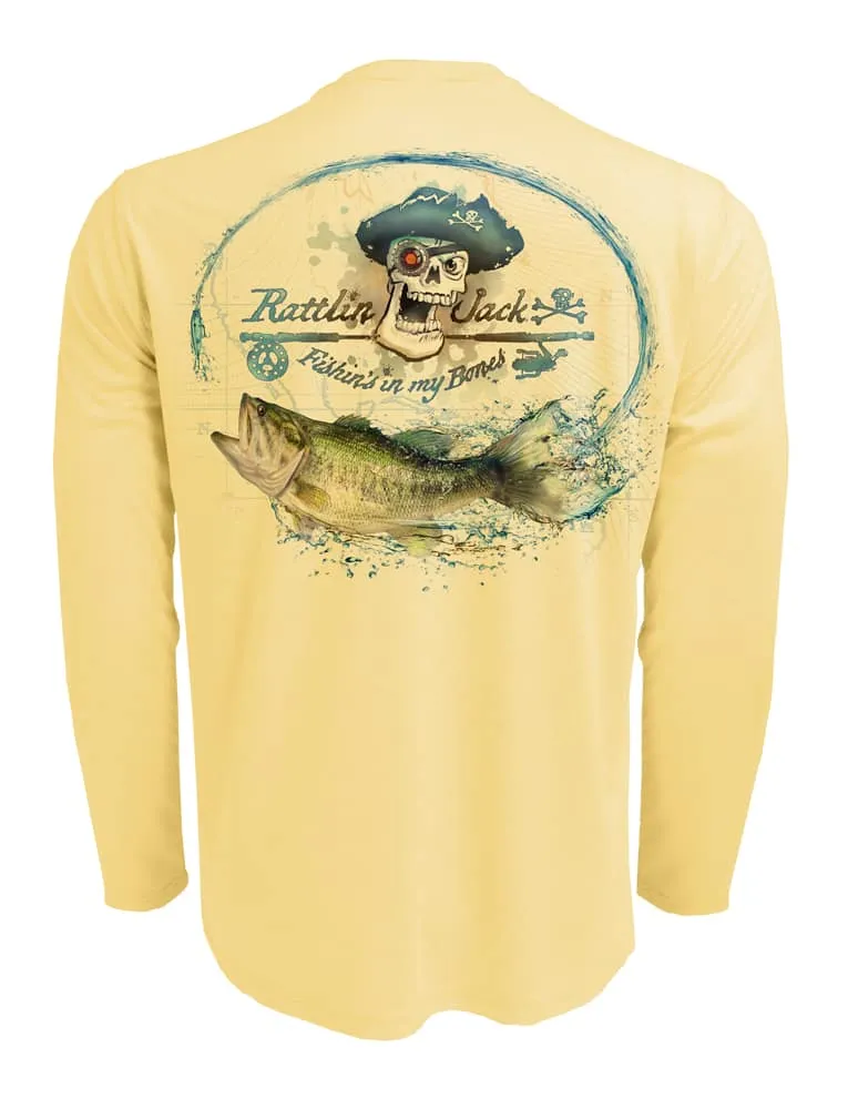 Men's UV Skull Logo Bass Fishing Shirt by Rattlin Jack | Long Sleeve | UPF 50 Sun Protection | Performance Polyester Rash Guard |