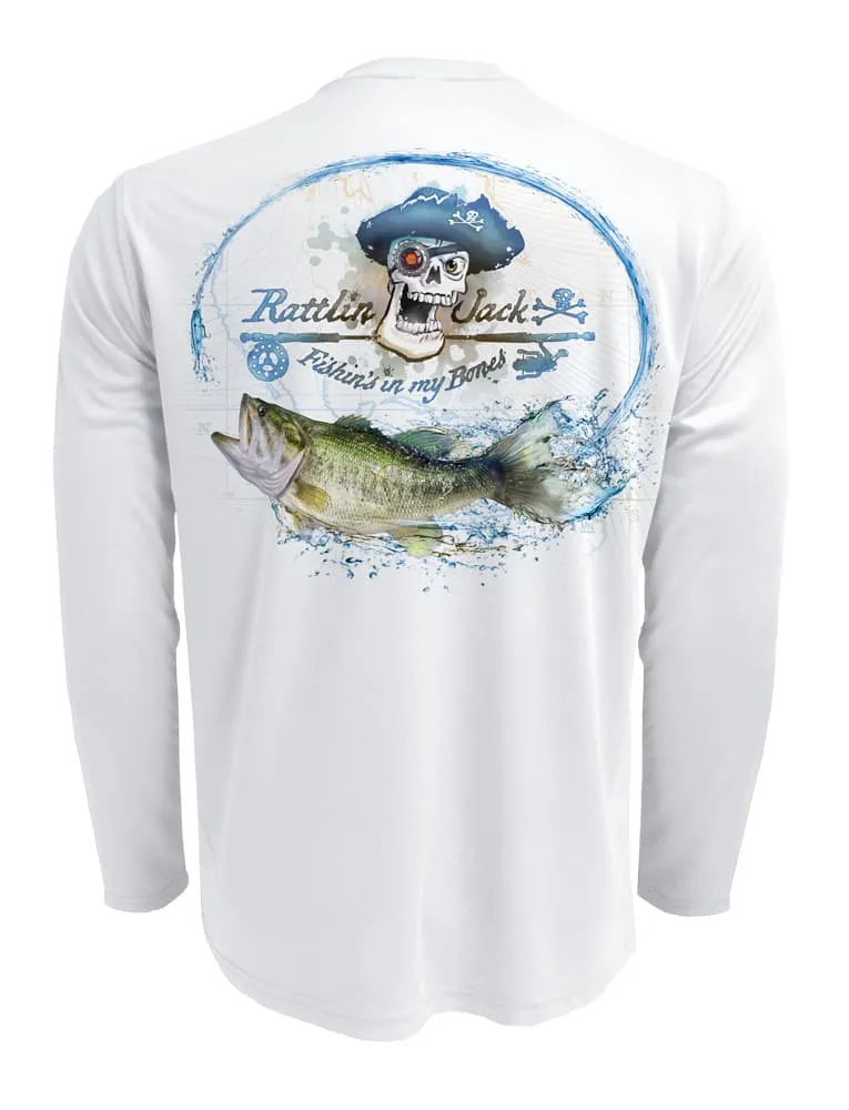 Men's UV Skull Logo Bass Fishing Shirt by Rattlin Jack | Long Sleeve | UPF 50 Sun Protection | Performance Polyester Rash Guard |