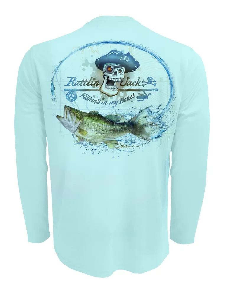 Men's UV Skull Logo Bass Fishing Shirt by Rattlin Jack | Long Sleeve | UPF 50 Sun Protection | Performance Polyester Rash Guard |