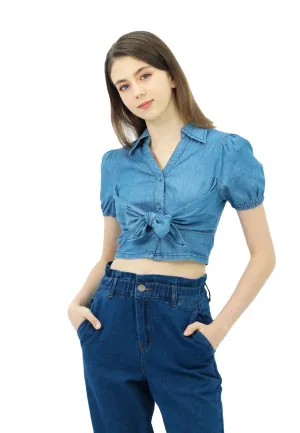 VOIR JEANS Knot Front Crop Denim Blouse