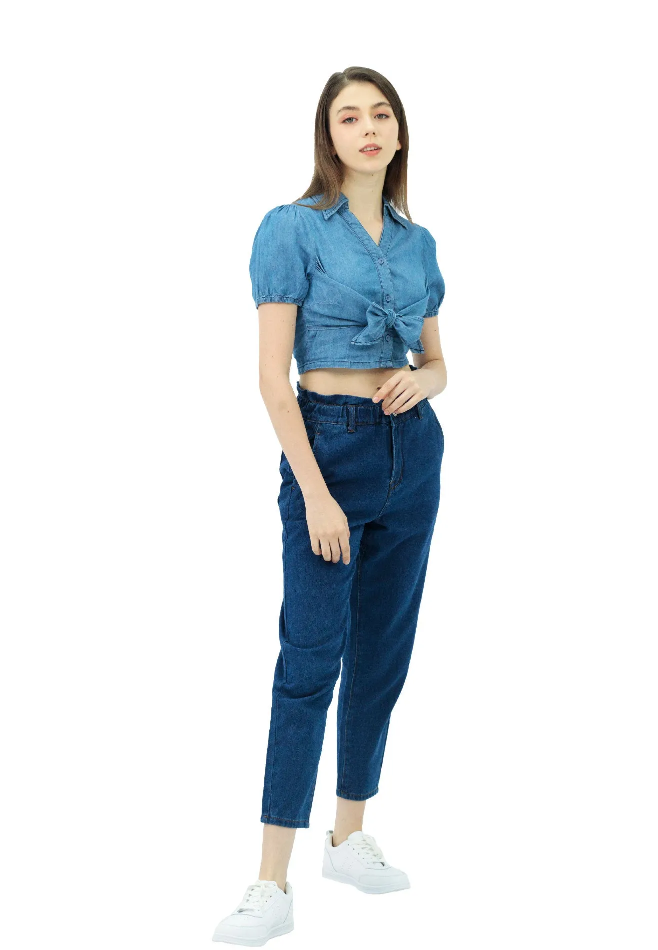 VOIR JEANS Knot Front Crop Denim Blouse